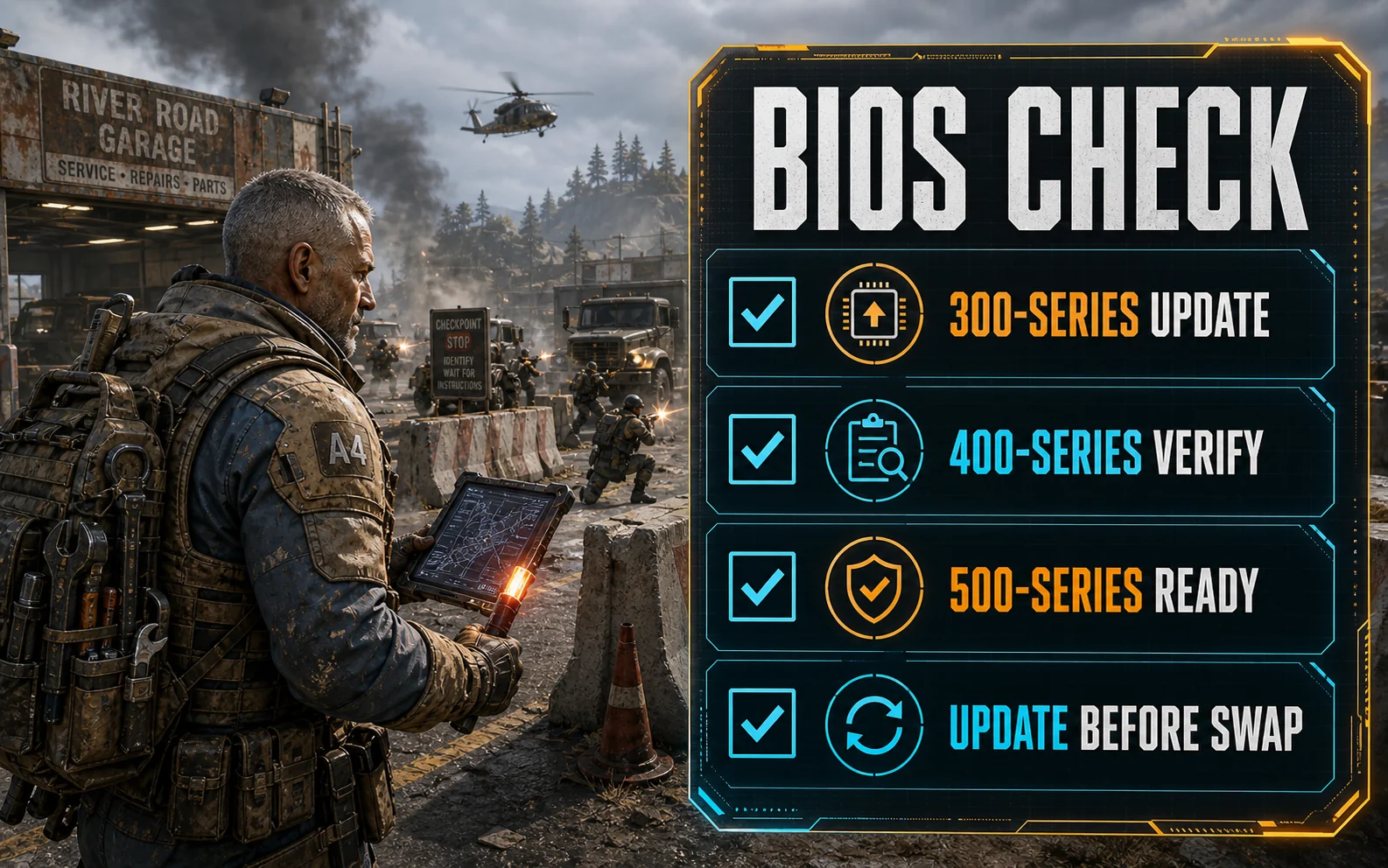 AM4 BIOS check graphic showing 300-series update, 400-series verify, 500-series ready, and update before swap cards over a checkpoint shooter scene.