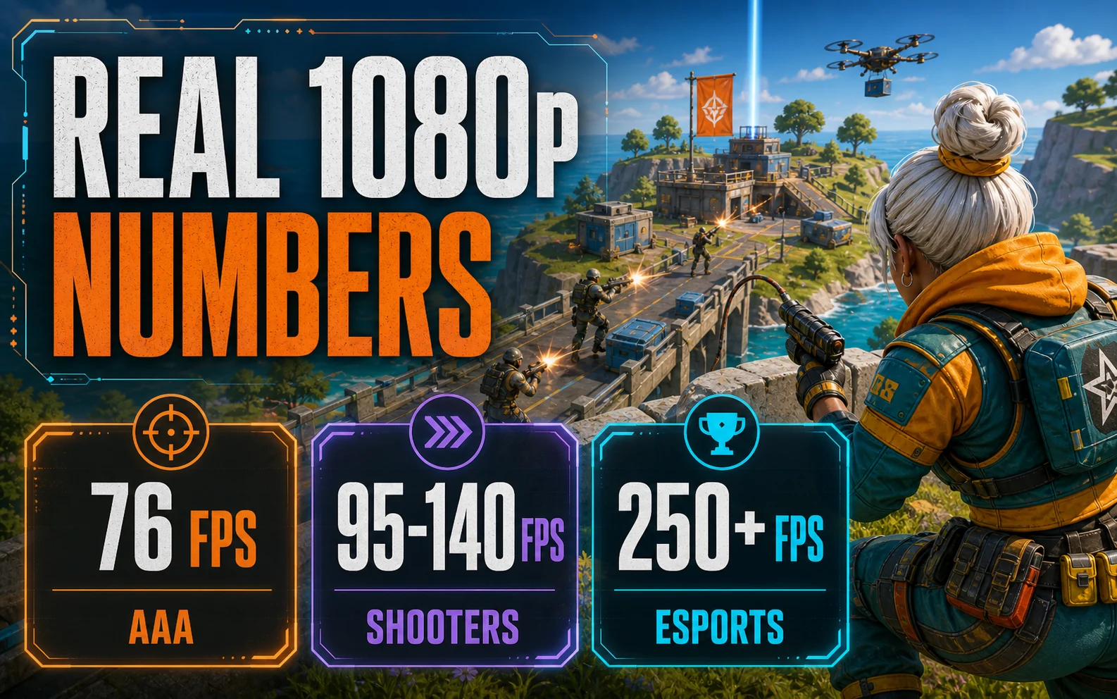 RTX 5060 real 1080p numbers graphic showing 76 FPS in heavy AAA, 95 to 140 FPS in shooters, and 250 plus FPS in esports over a coastal shooter scene.