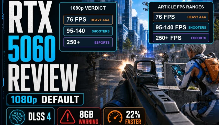 RTX 5060 review graphic showing 1080p default, DLSS 4, 8GB warning, and article FPS ranges over a city-block shooter scene.