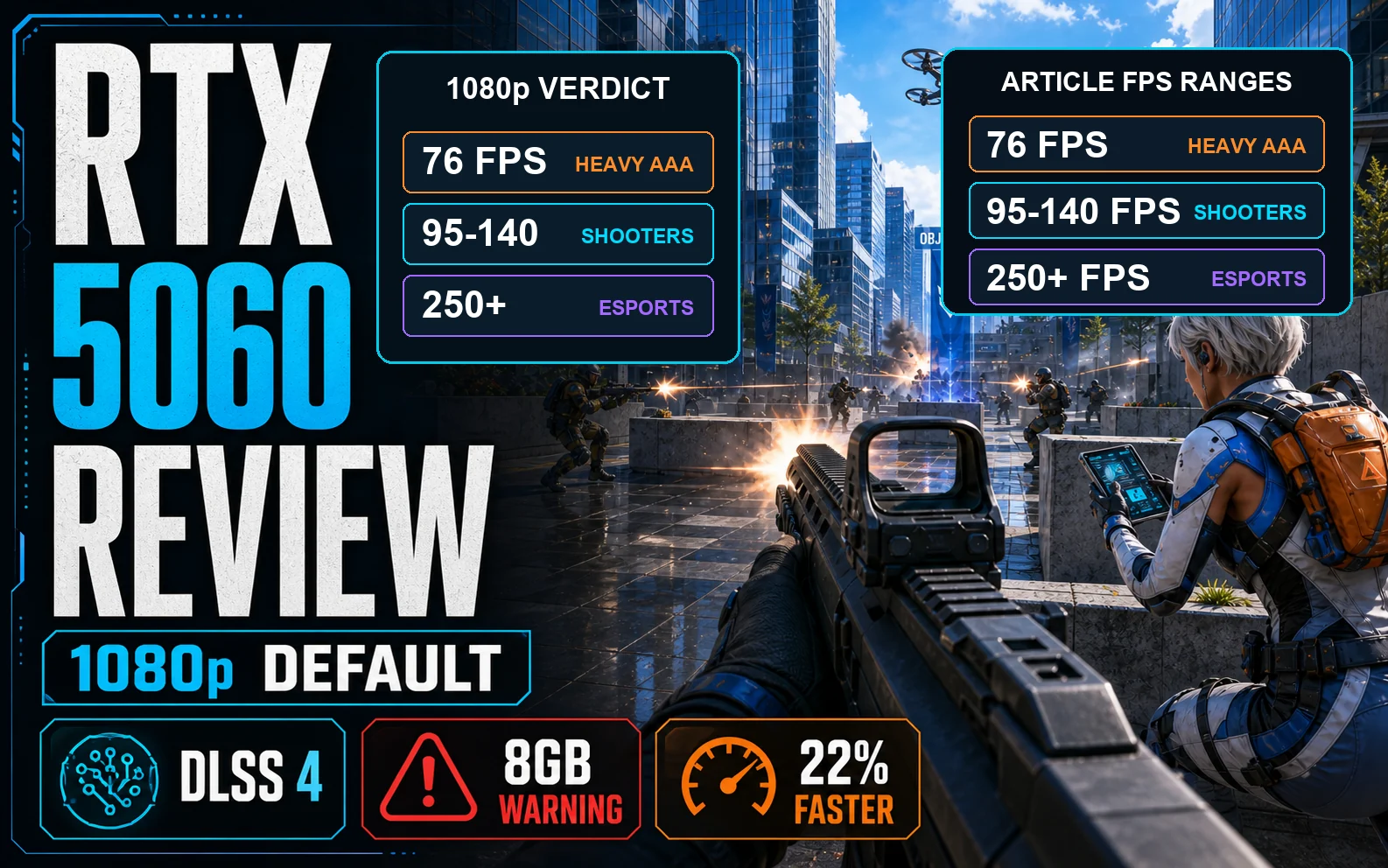 RTX 5060 review graphic showing 1080p default, DLSS 4, 8GB warning, and article FPS ranges over a city-block shooter scene.
