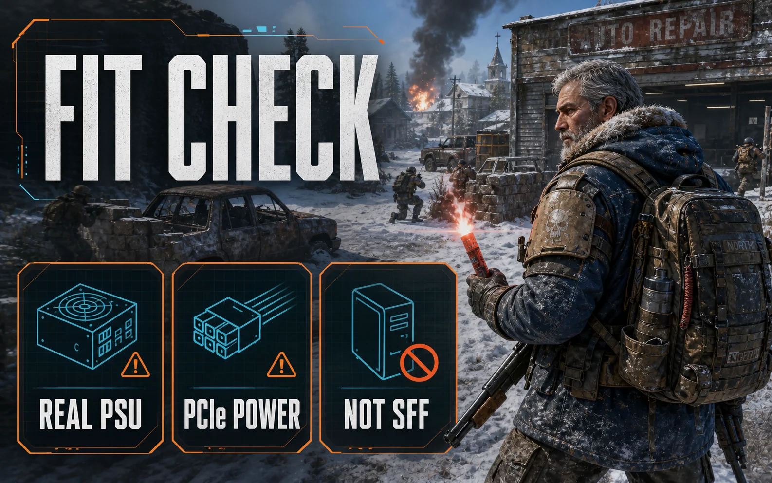 RX 9060 XT fit check graphic showing real PSU, PCIe power, and not SFF cards over a snowy survival shooter scene.