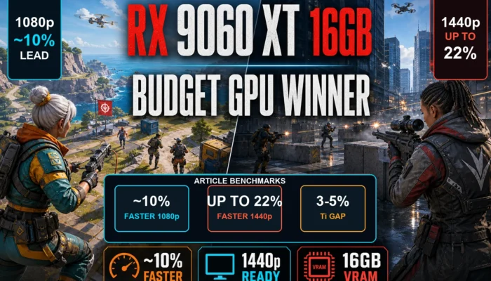 RX 9060 XT 16GB review graphic showing budget GPU winner, 1080p and 1440p benchmark callouts, and 16GB VRAM over split shooter scenes.