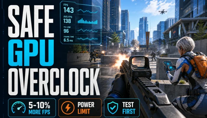 Safe GPU overclocking guide graphic showing 5 to 10 percent more FPS, power limit, and test first cards over a city-block shooter scene.