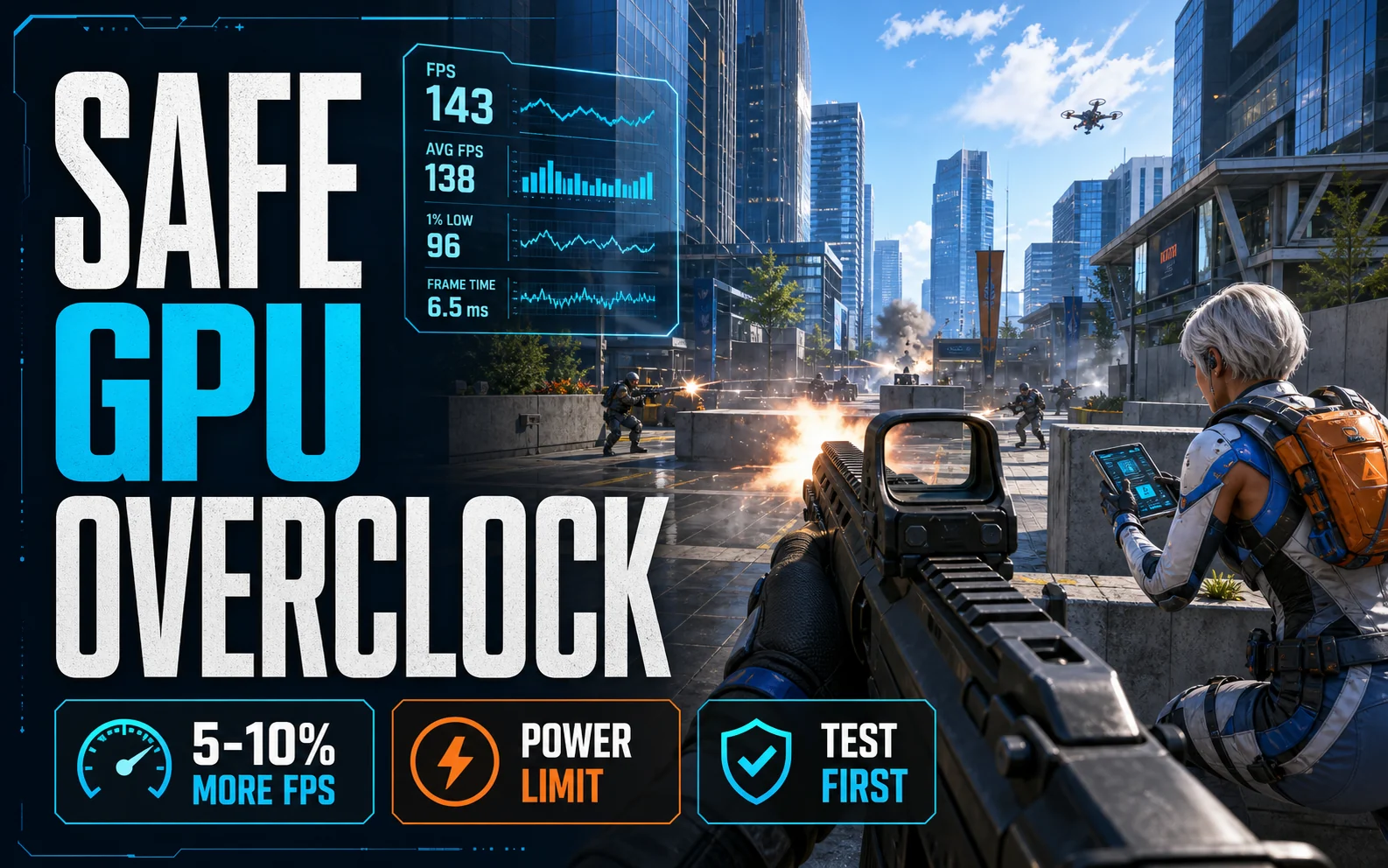 Safe GPU overclocking guide graphic showing 5 to 10 percent more FPS, power limit, and test first cards over a city-block shooter scene.