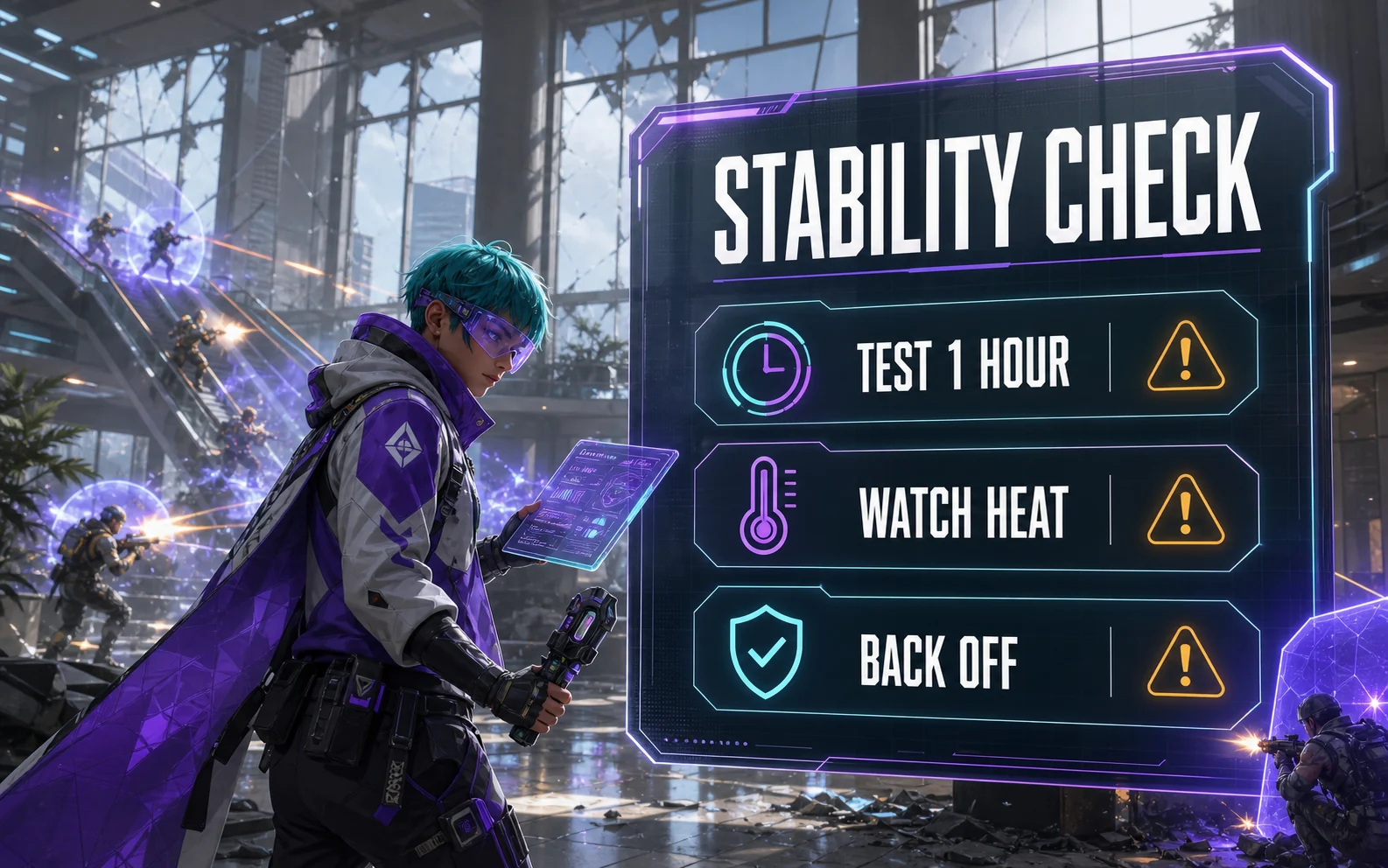GPU overclock stability check graphic showing test one hour, watch heat, and back off badges over a broken-glass atrium shooter scene.