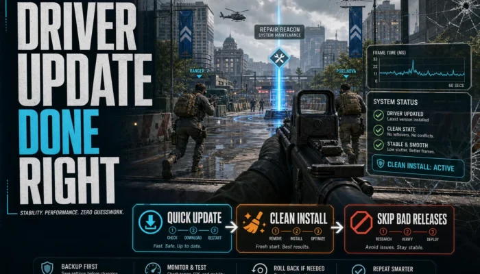 GPU driver update guide graphic showing quick update, clean install, and skip bad releases cards over a shooter checkpoint scene.