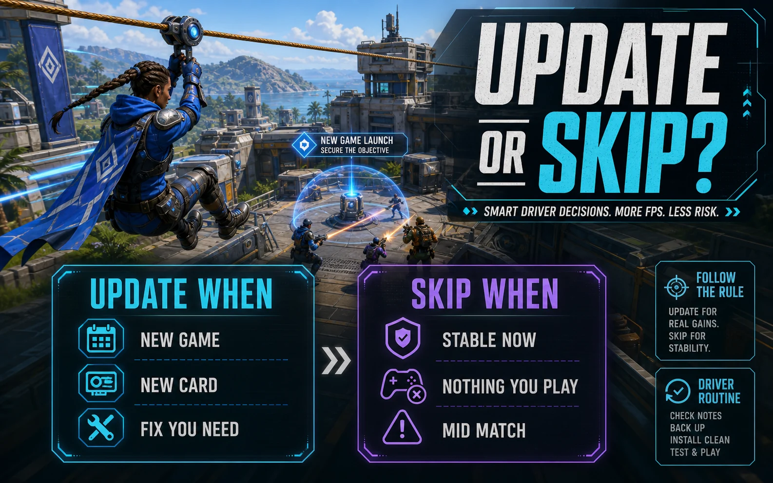 Update or skip GPU driver graphic showing when to update for a new game, new card, or needed fix, and when to skip a stable driver.