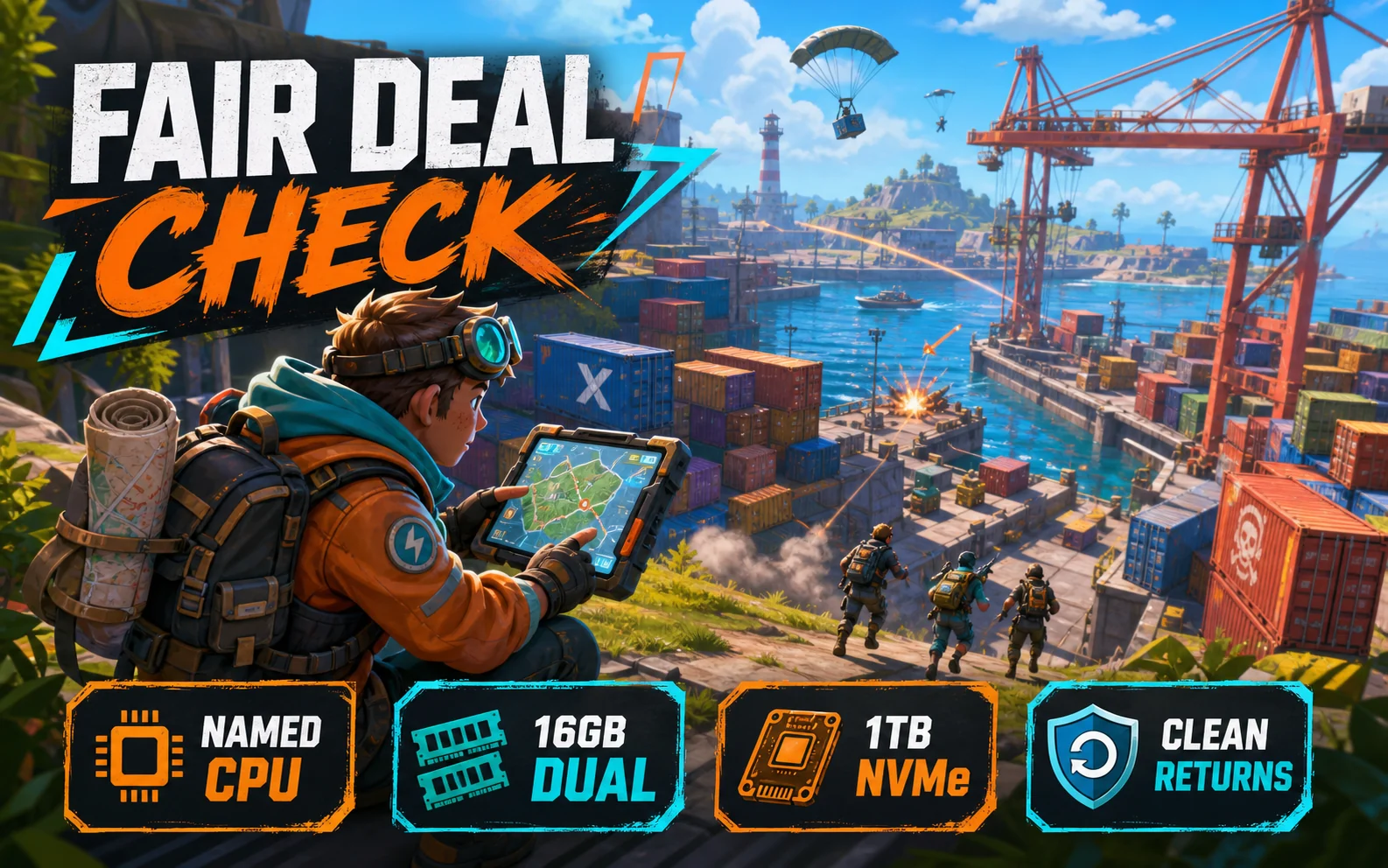 Generic battle royale checklist graphic for an RTX 4060 prebuilt showing named CPU, 16GB dual-channel RAM, 1TB NVMe, and clean returns.