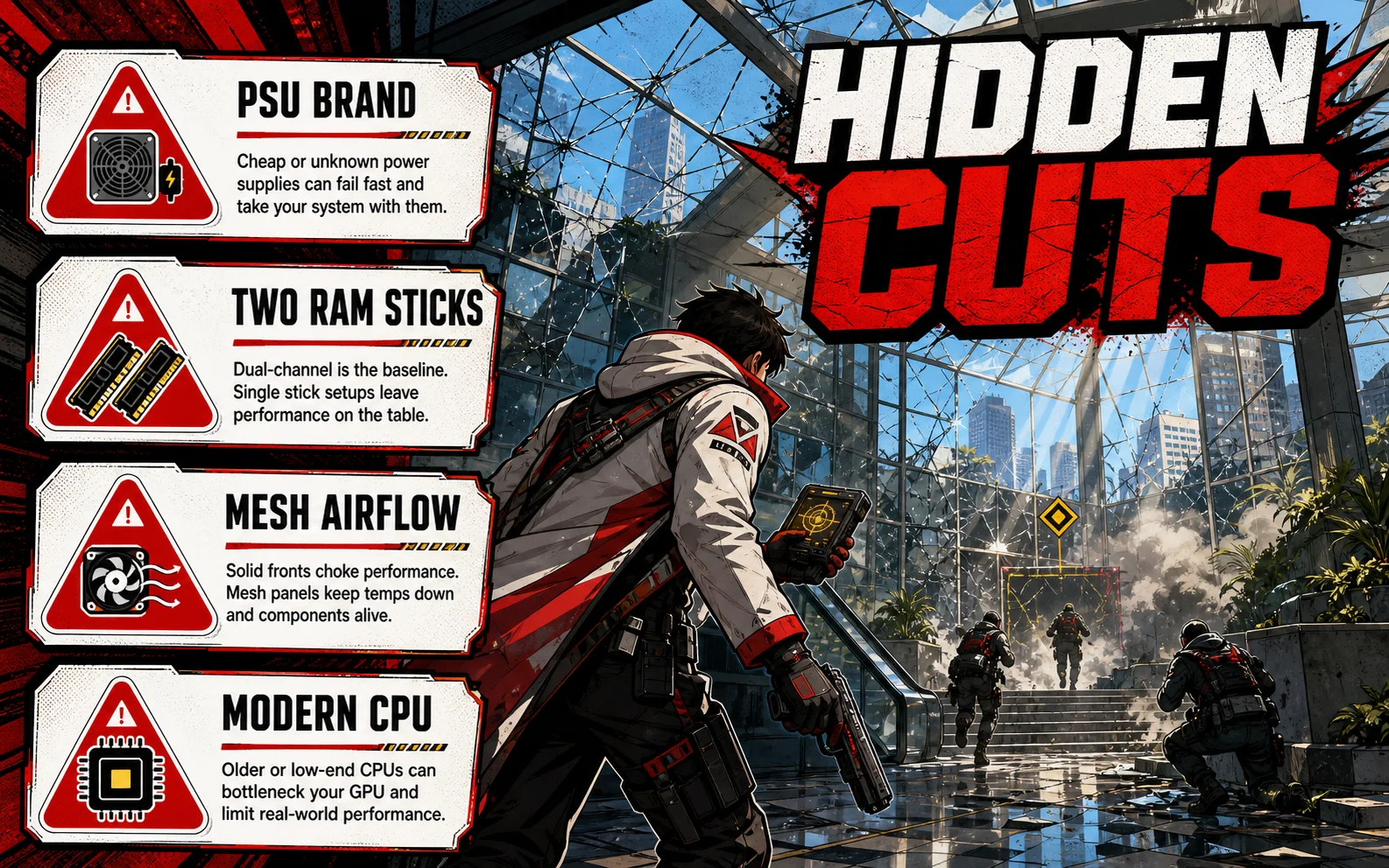 Generic tactical action warning graphic for an RTX 4060 prebuilt showing PSU brand, two RAM sticks, mesh airflow, and modern CPU checks.