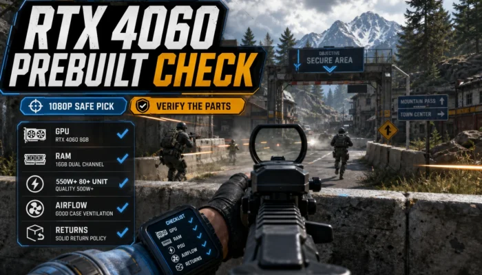 Generic shooter HUD graphic for an RTX 4060 prebuilt checklist showing 1080p safe pick and verify the parts guidance.