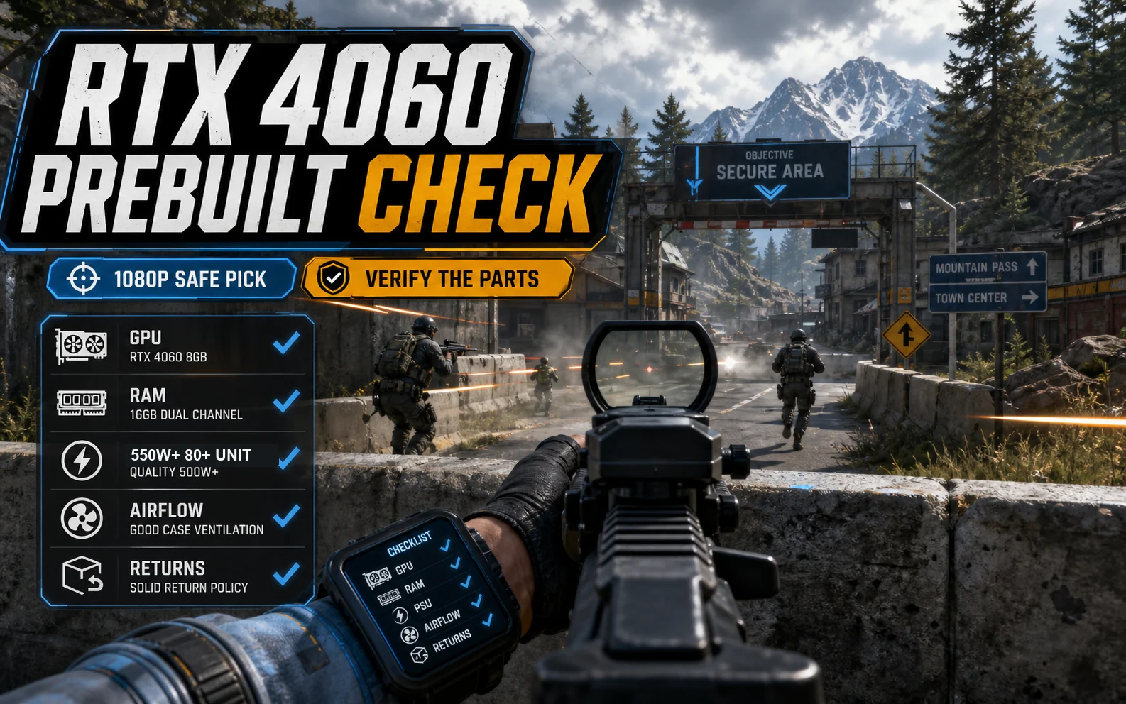 Generic shooter HUD graphic for an RTX 4060 prebuilt checklist showing 1080p safe pick and verify the parts guidance.