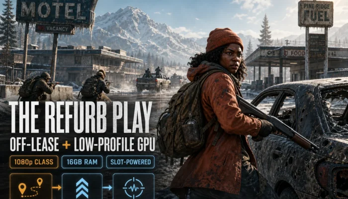 Rust-coated scavenger with a shotgun at a snowy roadside motel beside a graphic explaining the off-lease and low-profile GPU refurb gaming route.