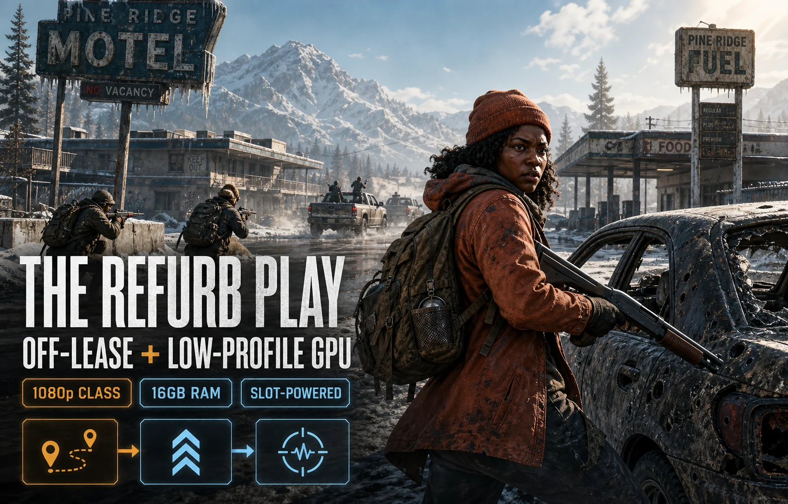 Rust-coated scavenger with a shotgun at a snowy roadside motel beside a graphic explaining the off-lease and low-profile GPU refurb gaming route.