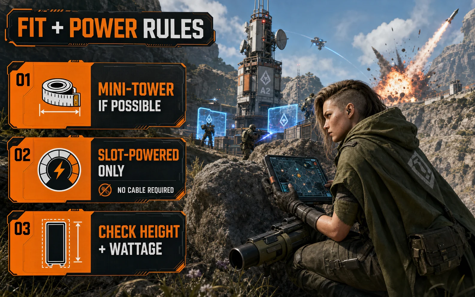 Green-poncho squad fighter studies a map at a rocky communications outpost beside rules to choose a Mini-Tower, use slot-powered hardware, and check height and wattage.