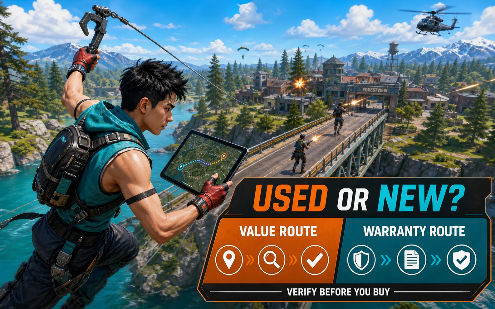 Teal-hooded fighter uses a grappler over a bridge while a graphic compares a used value route with a new warranty route and advises buyers to verify before purchase.