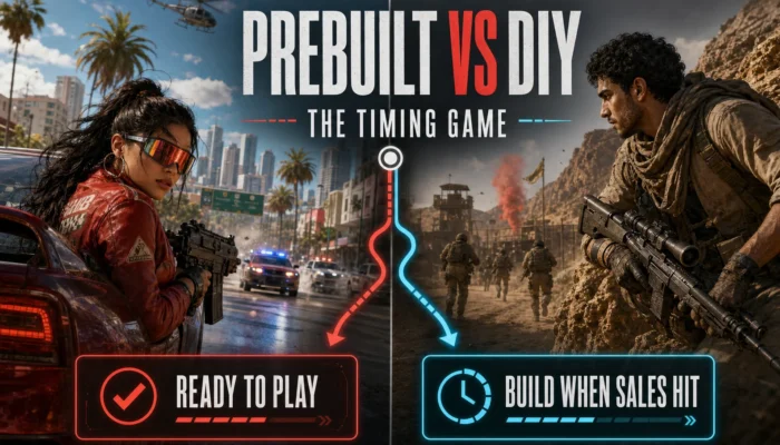 Split-screen gameplay graphic contrasting a ready-to-play prebuilt route with a DIY build route that wins when sales hit.