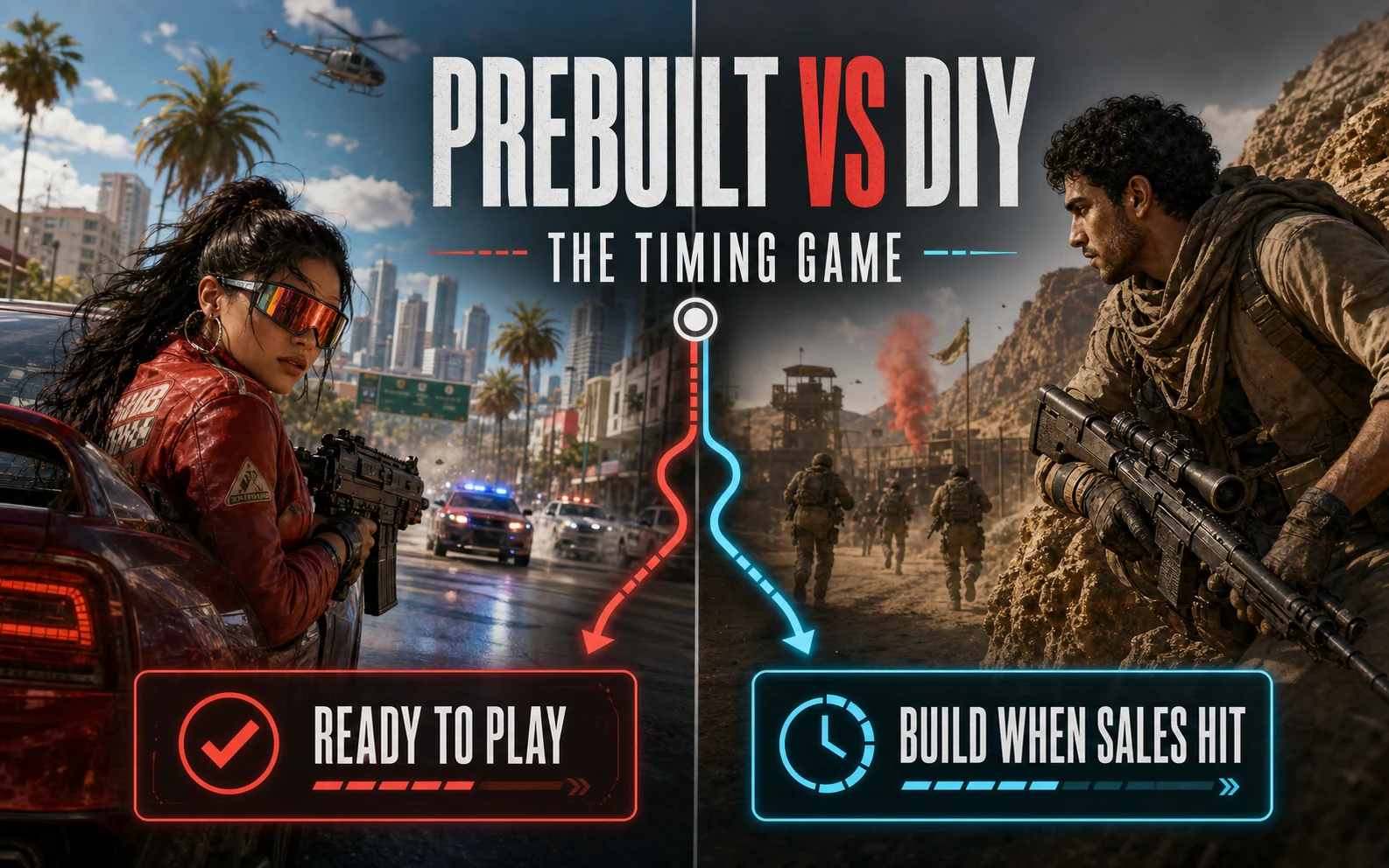 Split-screen gameplay graphic contrasting a ready-to-play prebuilt route with a DIY build route that wins when sales hit.