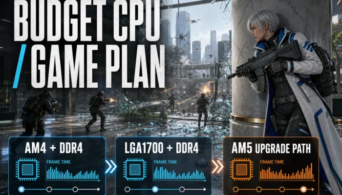 White-coated shooter in a shattered glass atrium beside game-plan cards for AM4 DDR4, LGA1700 DDR4, and an AM5 upgrade path.