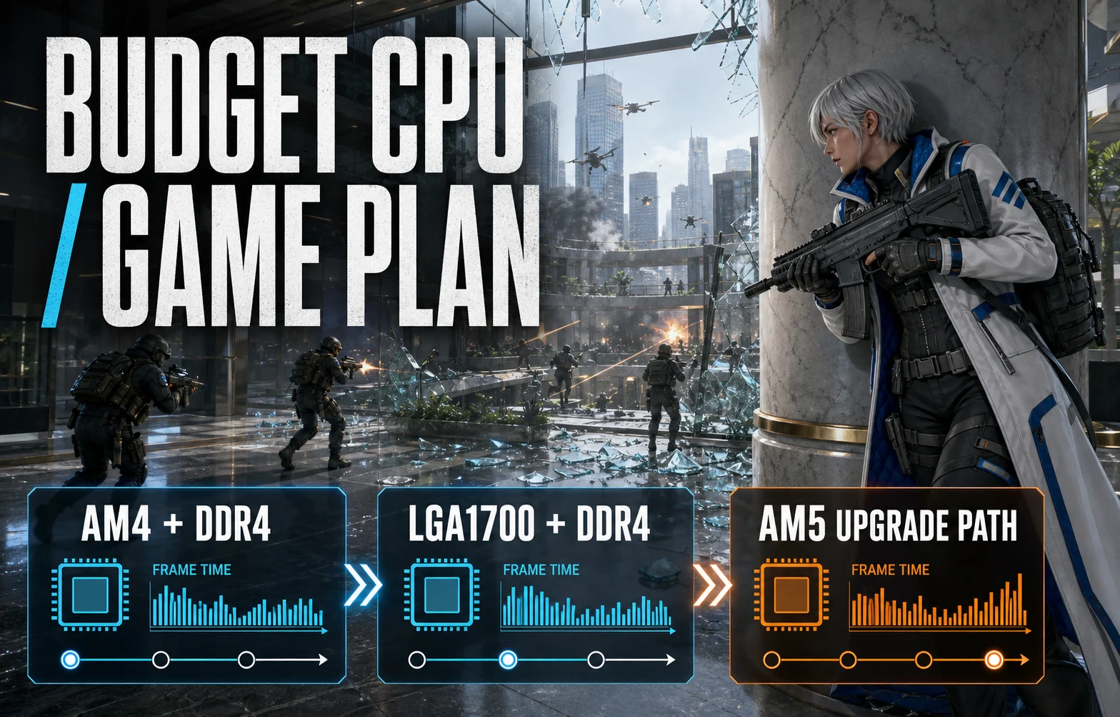 White-coated shooter in a shattered glass atrium beside game-plan cards for AM4 DDR4, LGA1700 DDR4, and an AM5 upgrade path.